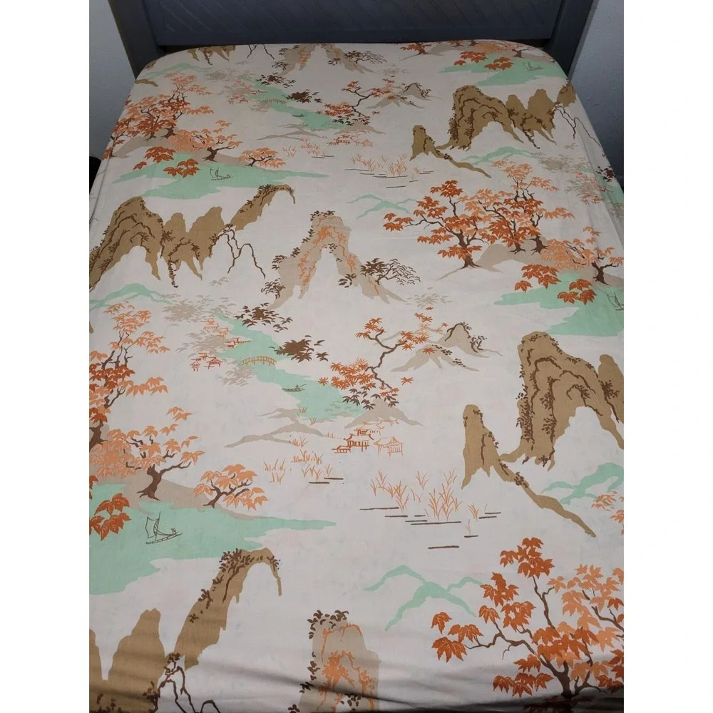 Vintage Asian-Inspired Full Flat & Fitted Sheets Set With Scenic Mountain & Tree